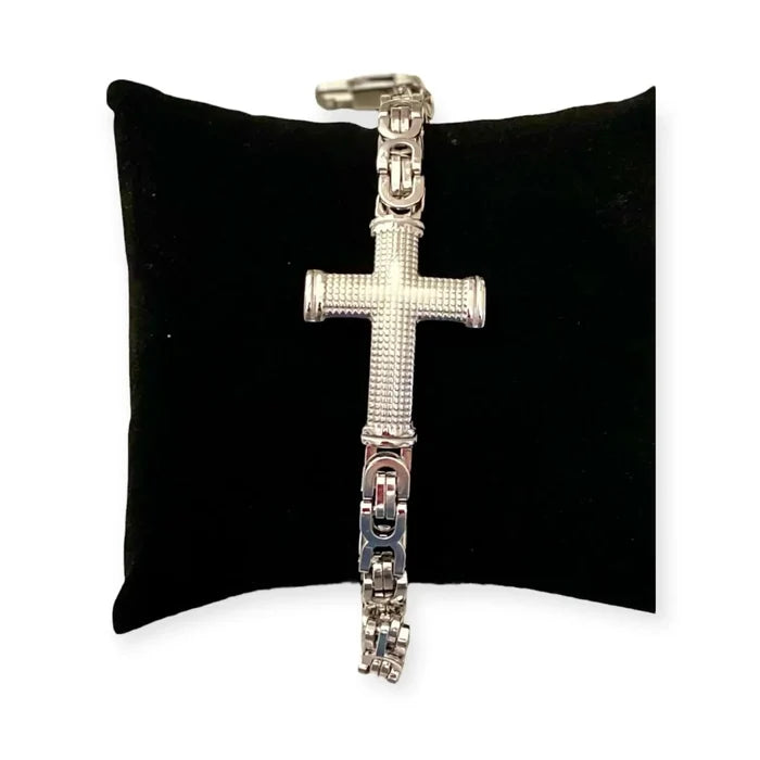 Men's Stainless Steel Cross Bracelet with textured silver cross and Byzantine chain links in polished 316L steel