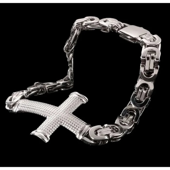 Men's Stainless Steel Cross Bracelet with textured silver cross and Byzantine chain links in polished 316L steel