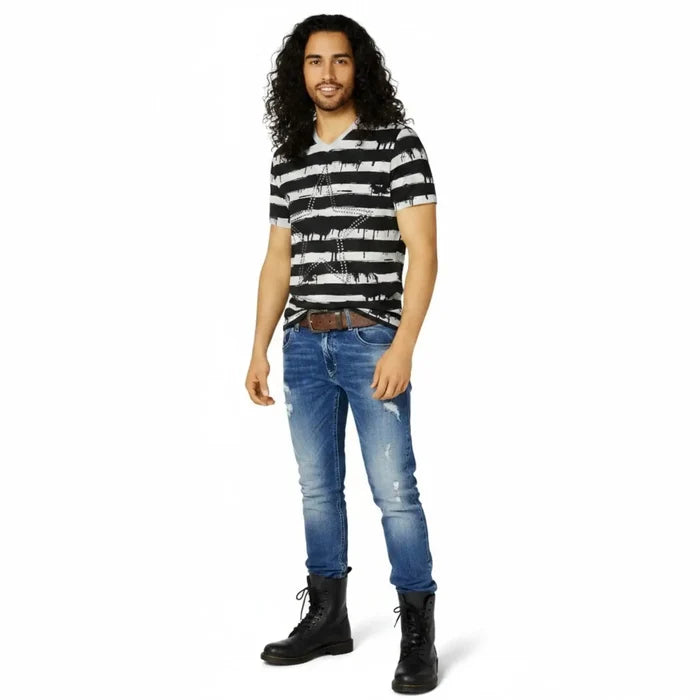 Men's Striped Star Studded T-Shirt in black gray cotton with V-neck and studded star graphic / XXL