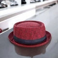 Men's Stylish Checks Pork Pie Hat with plaid texture, black band, and curled brim red / one size
