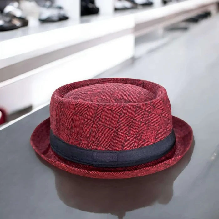 Men's Stylish Checks Pork Pie Hat with plaid texture, black band, and curled brim red / one size