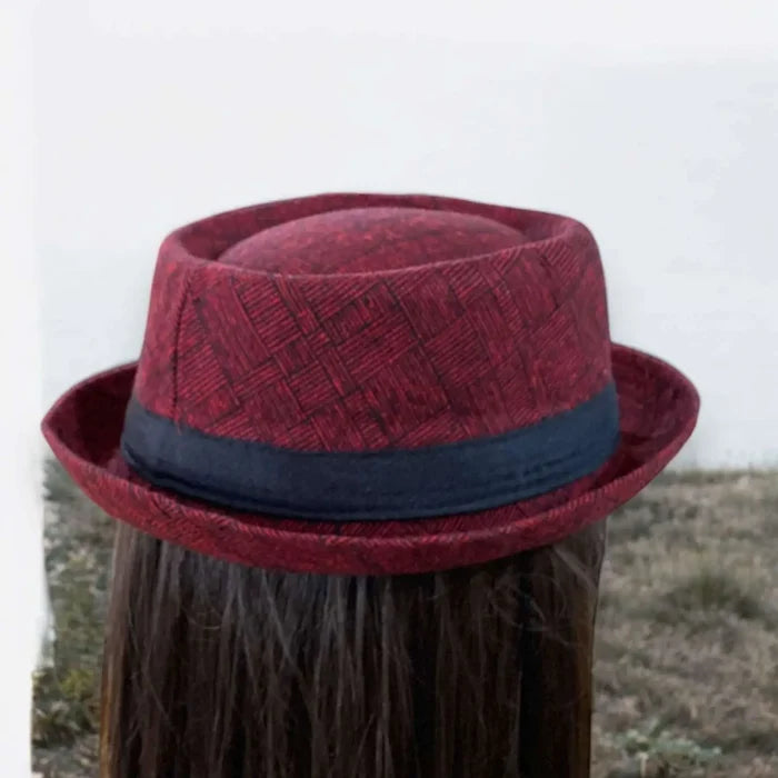 Men's Stylish Checks Pork Pie Hat with plaid texture, black band, and curled brim  red / one size
