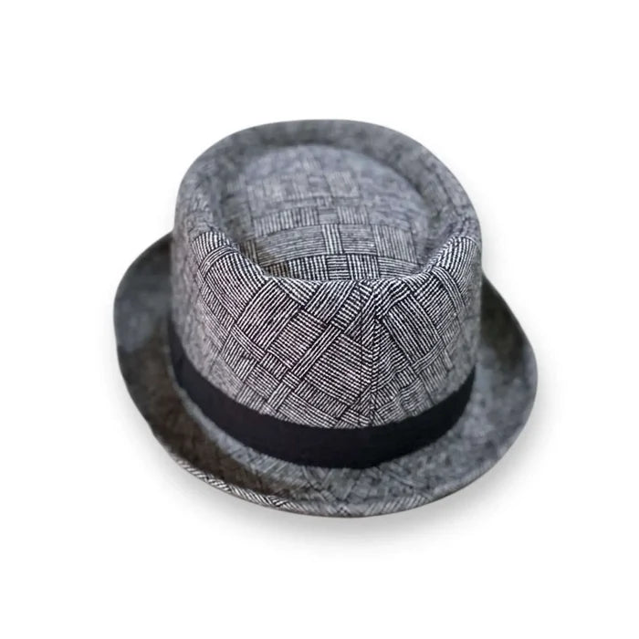 Men's Stylish Checks Pork Pie Hat with plaid texture, black band, and curled brim gray / one size