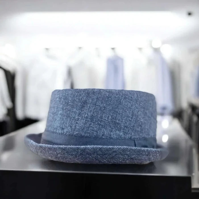 Men's Stylish Checks Pork Pie Hat with plaid texture, black band, and curled brim  navy / one size