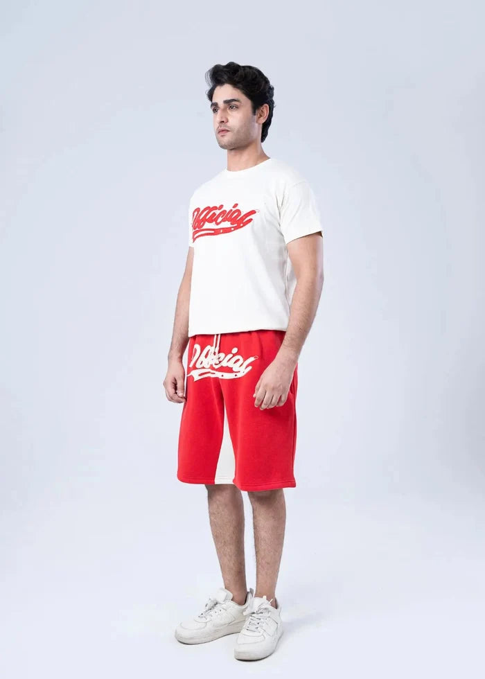 Men's off-white T-shirt with red script logo graphic, front view