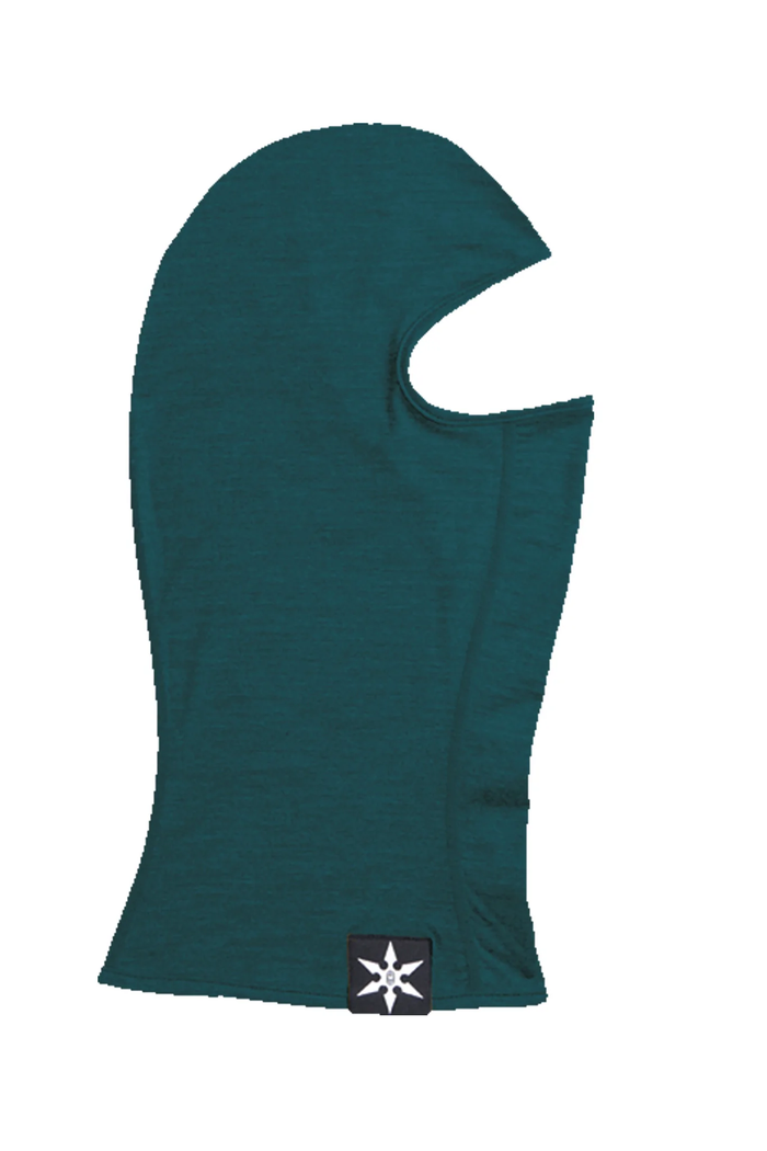 Teal balaclava with a logo on a white background