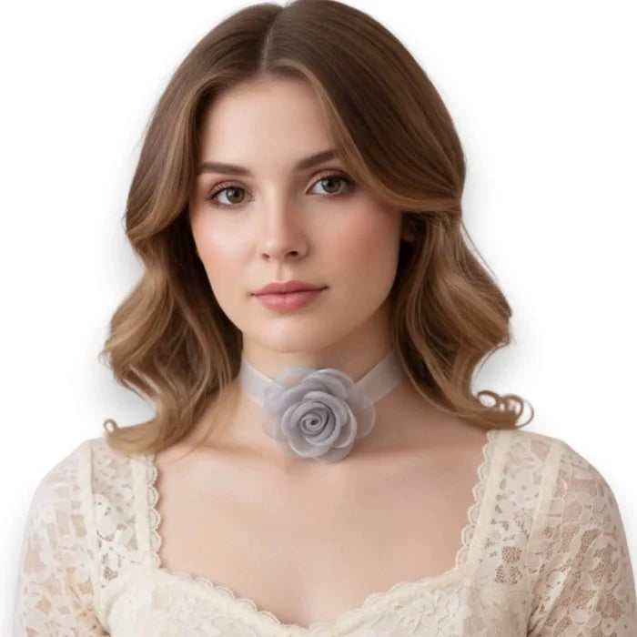 Mesh Rose Choker Necklace in soft gray with oversized semi sheer floral bloom and adjustable clasp