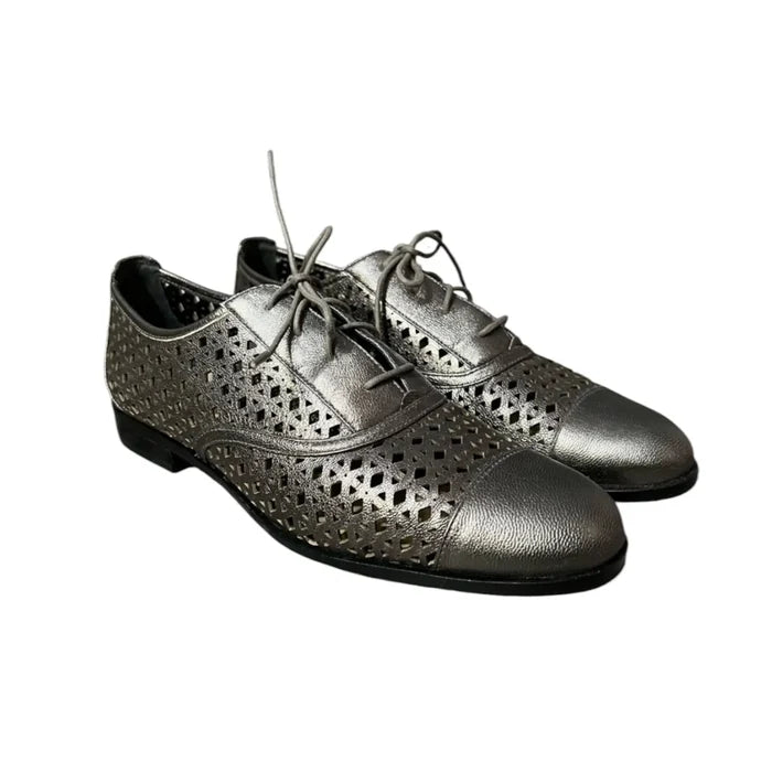 Metallic Gray Leather Perforated Lace Up Oxford - Female / 8.5 / Gray - Womens’ Loafers