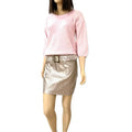 silver metallic faux leather mini skirt with statement belt front view