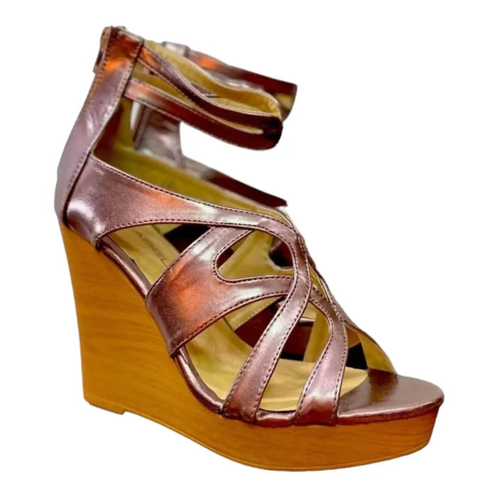 Metallic Pink Strappy Open Toe Wedge Sandals with buckle and back zipper / women's / size 8