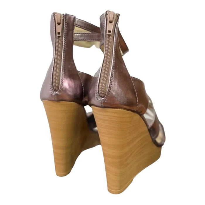 Metallic Pink Strappy Open Toe Wedge Sandals with buckle and back zipper / women's / size 8