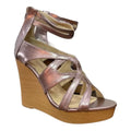 Metallic Pink Strappy Open Toe Wedge Sandals with buckle and back zipper / women's / size 8