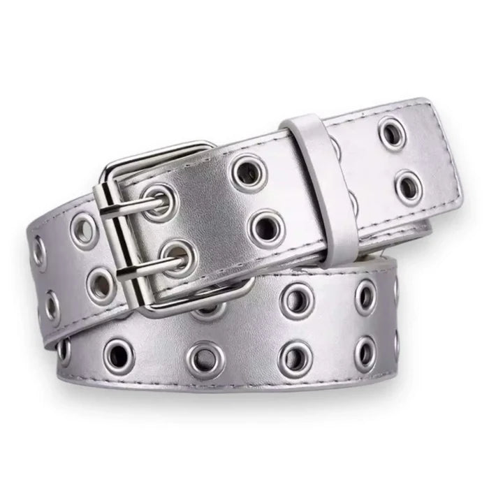 Metallic silver grommet buckle belt double row grommets square buckle faux leather unisex adjustable fit Small to XL