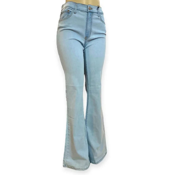 Mid Rise Blue Fit Flared Jeans with light wash stretch denim and bell bottom flare 30x35 /women's