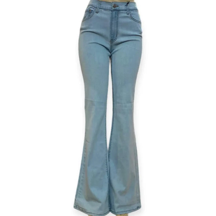 Mid Rise Blue Fit Flared Jeans with light wash stretch denim and bell bottom flare 30x35 /women's