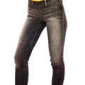 Mid rise black washed skinny jeans with side zipper, stretch denim and sleek no-front-pocket fit