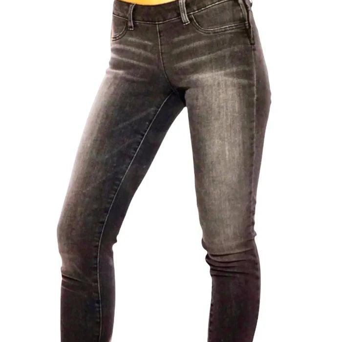 Mid rise black washed skinny jeans with side zipper, stretch denim and sleek no-front-pocket fit