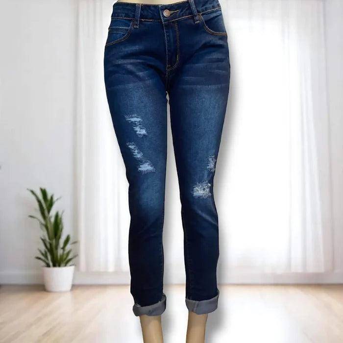 Mid Rise Dark Denim Skinny Distressed Frayed Hem Junior Cut Jeans