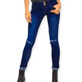distressed mid rise skinny jeans dark wash stretch denim with knee distressing and double button waist
