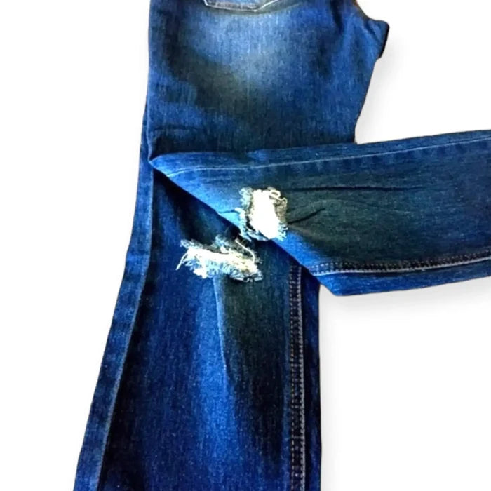 distressed mid rise skinny jeans dark wash stretch denim with knee distressing and double button waist