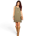 Midnight Moss Embroidered Mini Dress in olive green with beaded front detail, sequins, and scalloped hemline model wearings with boots
