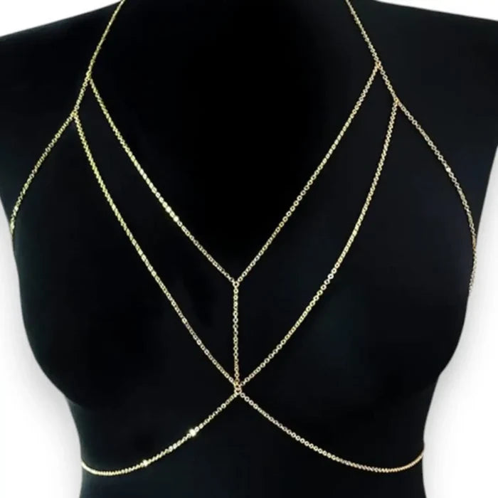 Minimalist Chest Harness Dainty Body Chain with gold or silver round link Y-chain, adjustable waist harness, and delicate body jewelry style