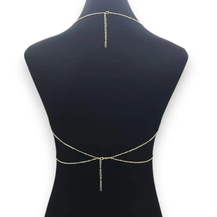 Minimalist Chest Harness Dainty Body Chain with gold or silver round link Y-chain, adjustable waist harness, and delicate body jewelry style back view