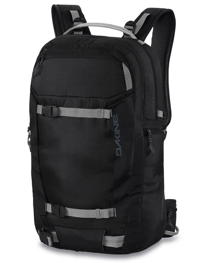 Black backpack with visible brand logo on a white background