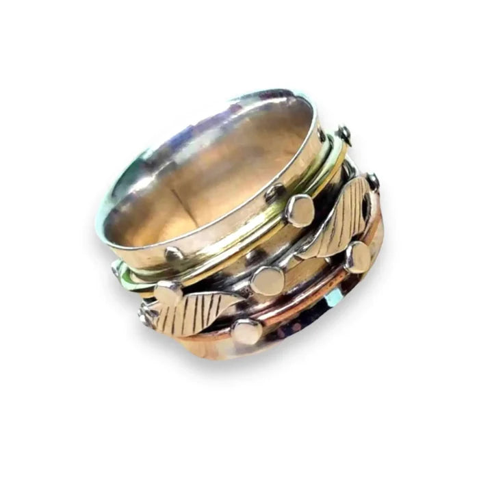 Mixed metal handcrafted spinner ring in sterling silver with brass, copper and silver moving bands 10