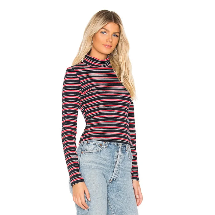 Women's Mock Neck Striped Rib Knit Long Sleeve Top / XS/ About Us