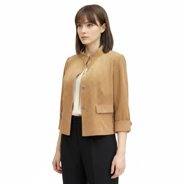 model wearing Modern Minimalist Tan Suede Crop Jacket with mandarin collar and silver button / women's/ medium