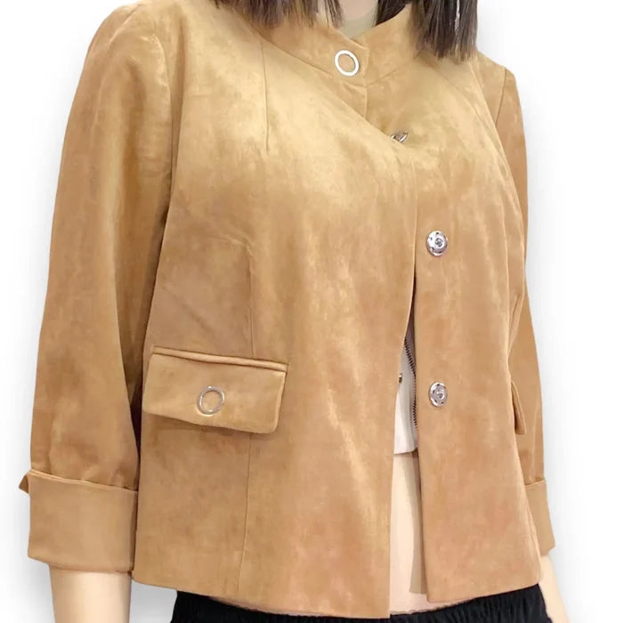 Close up Modern Minimalist Tan Suede Crop Jacket with mandarin collar and silver button / women's/ medium
