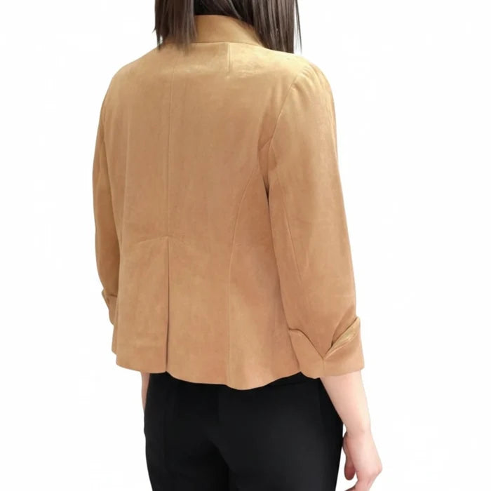 Back view Modern Minimalist Tan Suede Crop Jacket with mandarin collar and silver button / women's/ medium