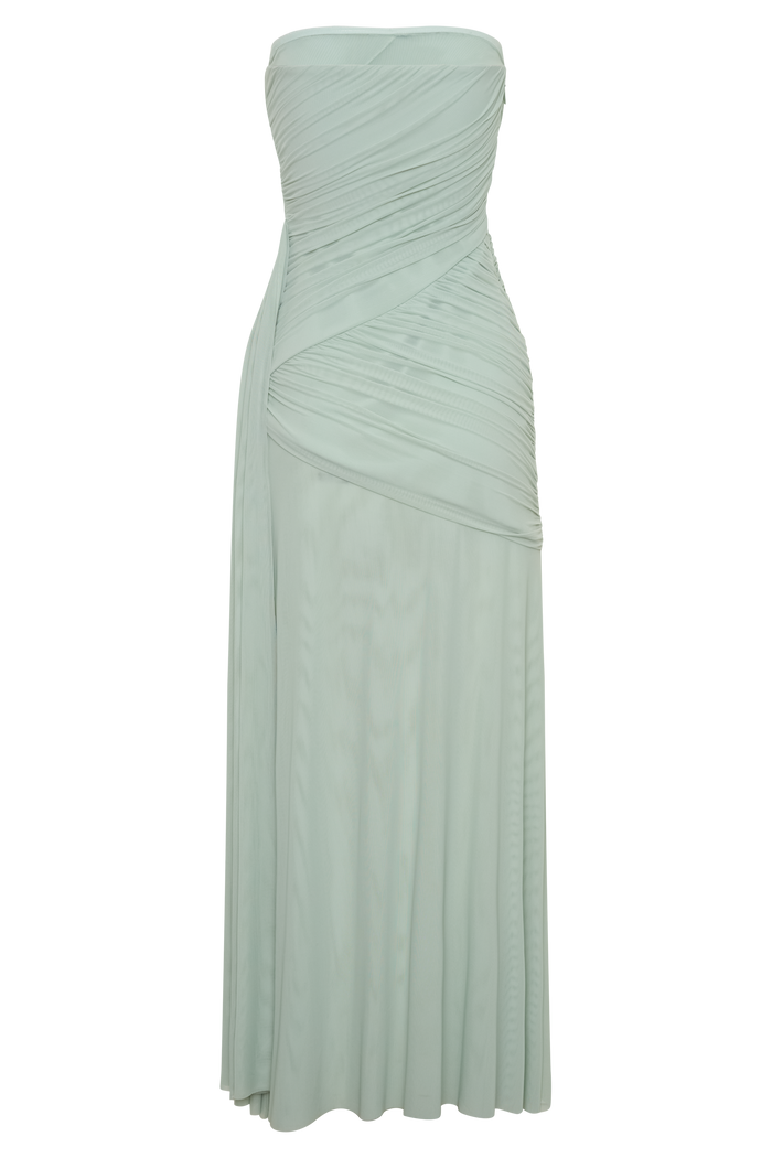 Monet Strapless Ruched Mesh Maxi Dress - Aqua Grey
