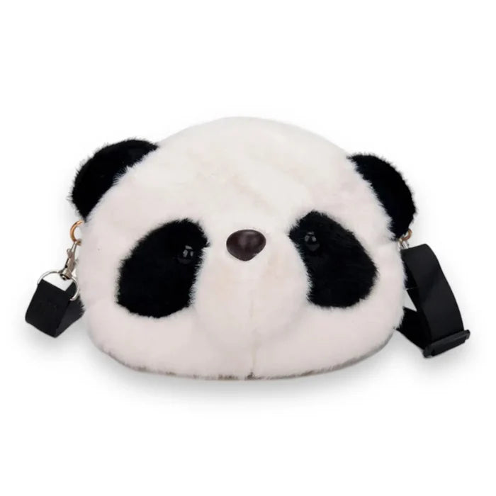 Movin Panda Bear Crossbody Bag featuring a fluffy panda design with cute face and detachable strap.