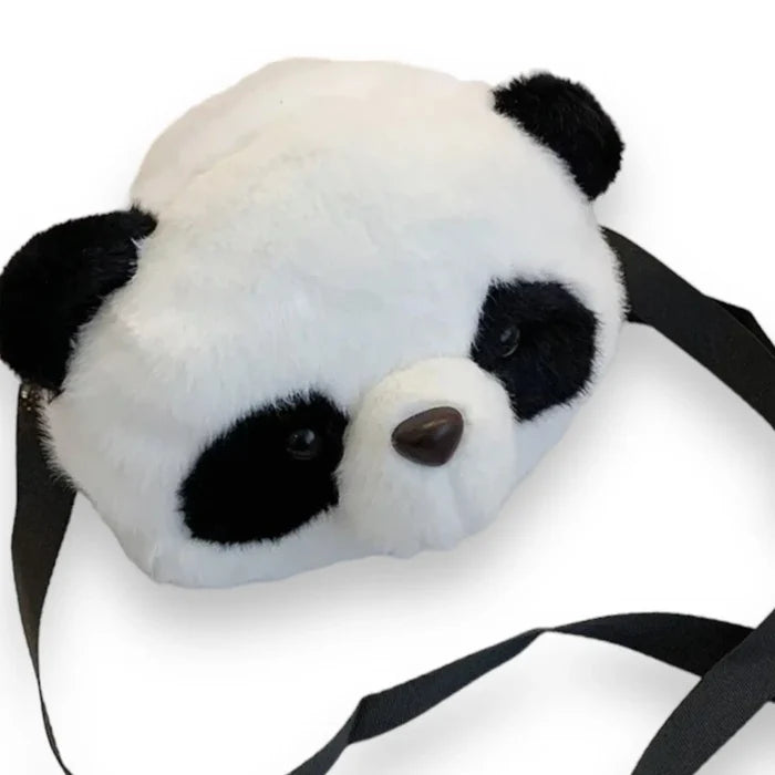 Movin Panda Bear Crossbody Bag featuring fluffy white and black design with cute eyes and detachable strap.