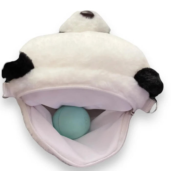 Movin Panda Bear Crossbody Bag open with a blue ball inside, showcasing its fluffy panda design and storage space.