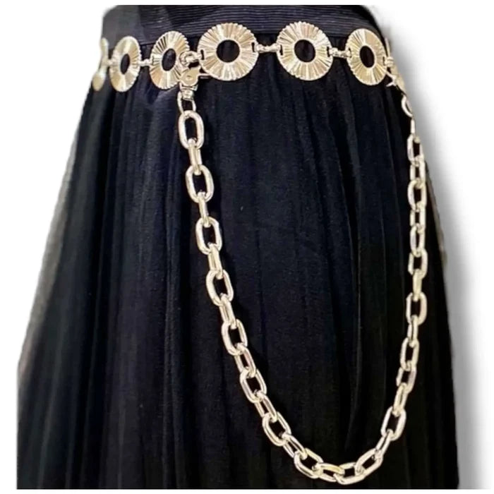 Multi-Layer Silver Pants Chains silver chunky chain pants chain on black skirt and silver round link belt