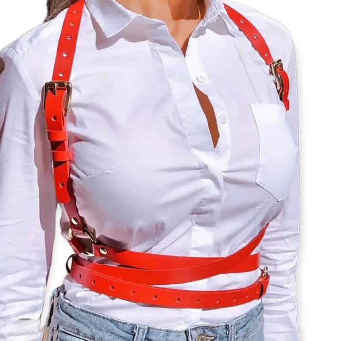 multi wrap body harness belt with adjustable shoulder straps and silver-tone hardware red