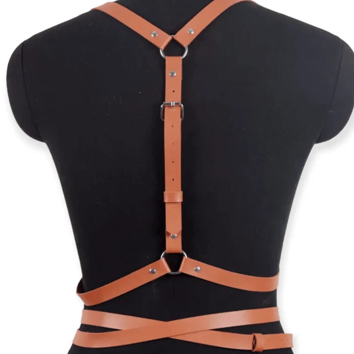 multi wrap body harness belt with adjustable shoulder straps and silver-tone hardware  brown