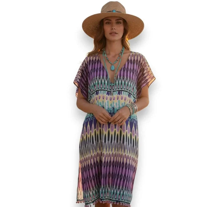 Multicolor Abstract Print Tunic Cover Up wearing with summer accessories