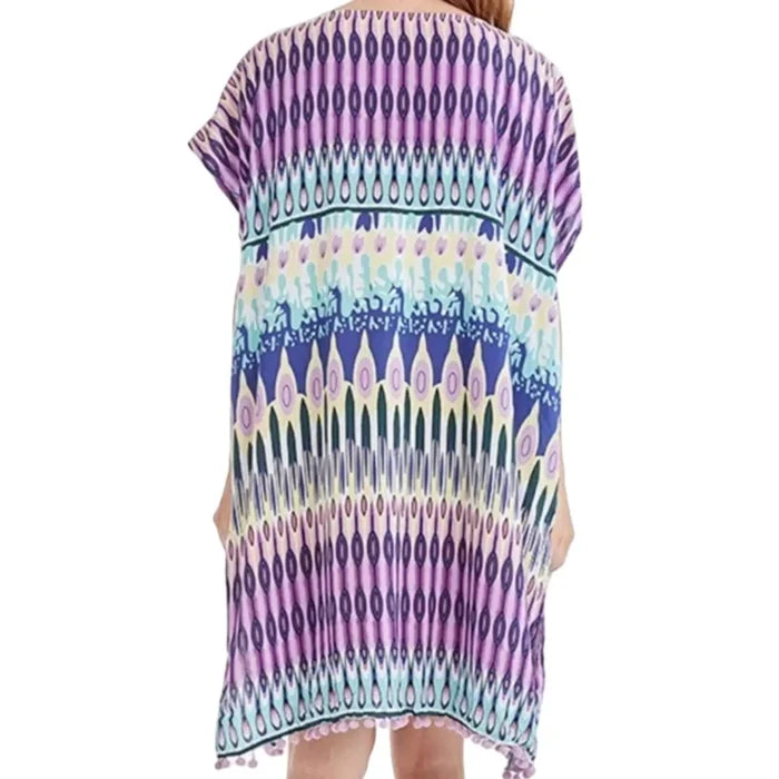 Multicolor Abstract Print Tunic Cover Up backside woman wearing with pom pom trim