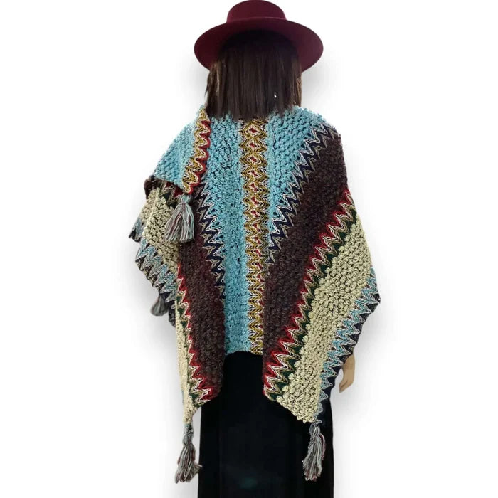 teal Multicolor Knit Poncho Wrap with colorful loom-knit pattern and large tassels