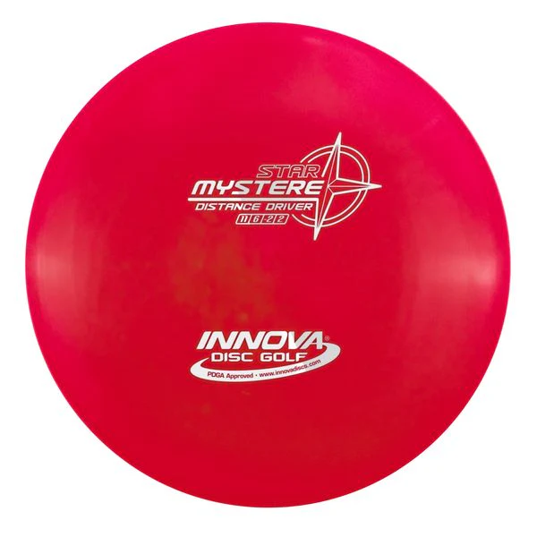 Red disc golf disc with 'Innova Disc Golf' and 'Star Mystere' branding on a white background