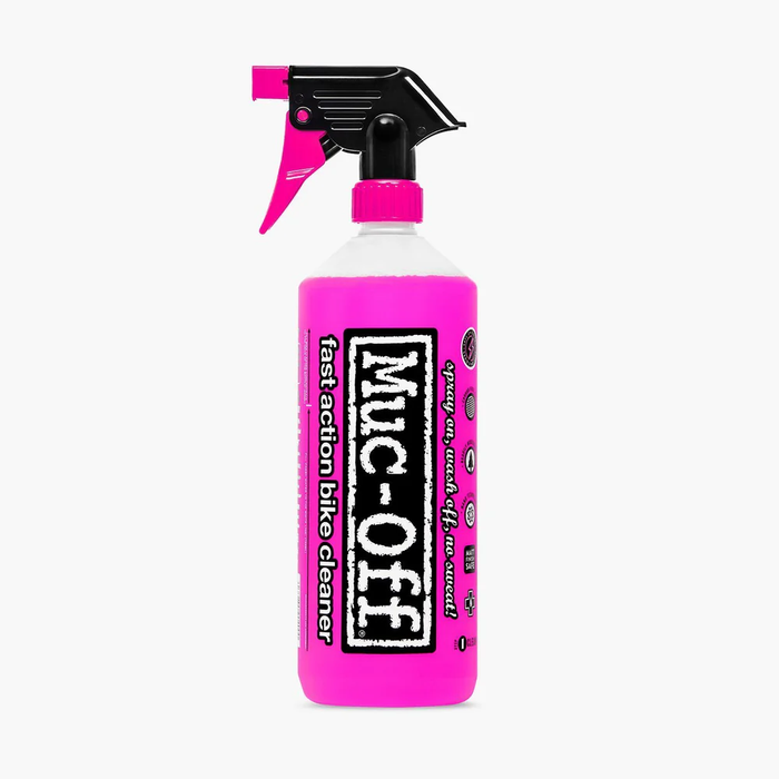 Pink Muc-Off bike cleaner spray bottle on a white background