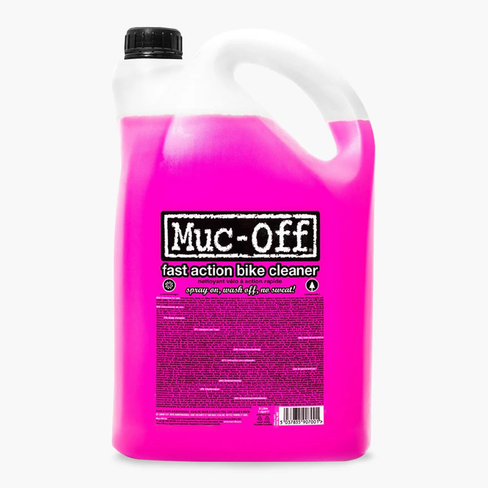 Pink bottle of Muc-Off fast action bike cleaner on a white background