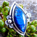 Natural Blue Labradorite Statement Ring size 9 statement marquise shaped one of a kind usa artisan