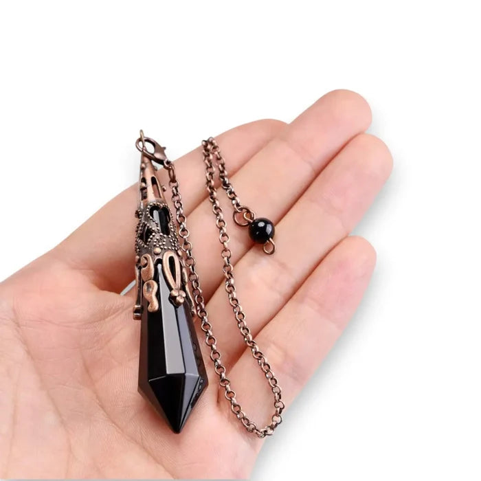 black obsidian hex stone with antique copper beaded chain and lobster clasp