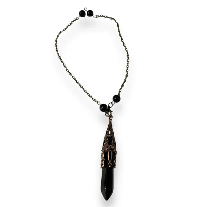 faceted black obsidian pendulum on antique copper multi-wrap bracelet chain