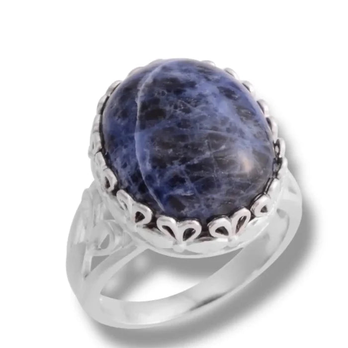 Natural Sodalite Sterling Silver Ring with blue white oval cabochon and decorative handcrafted silver setting